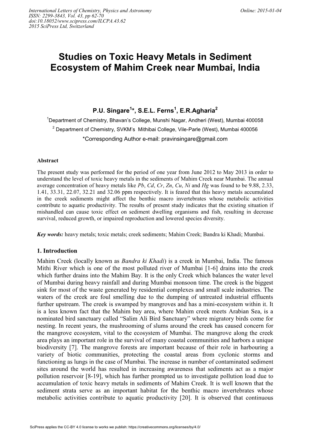 Studies on Toxic Heavy Metals in Sediment Ecosystem of Mahim Creek Near Mumbai, India