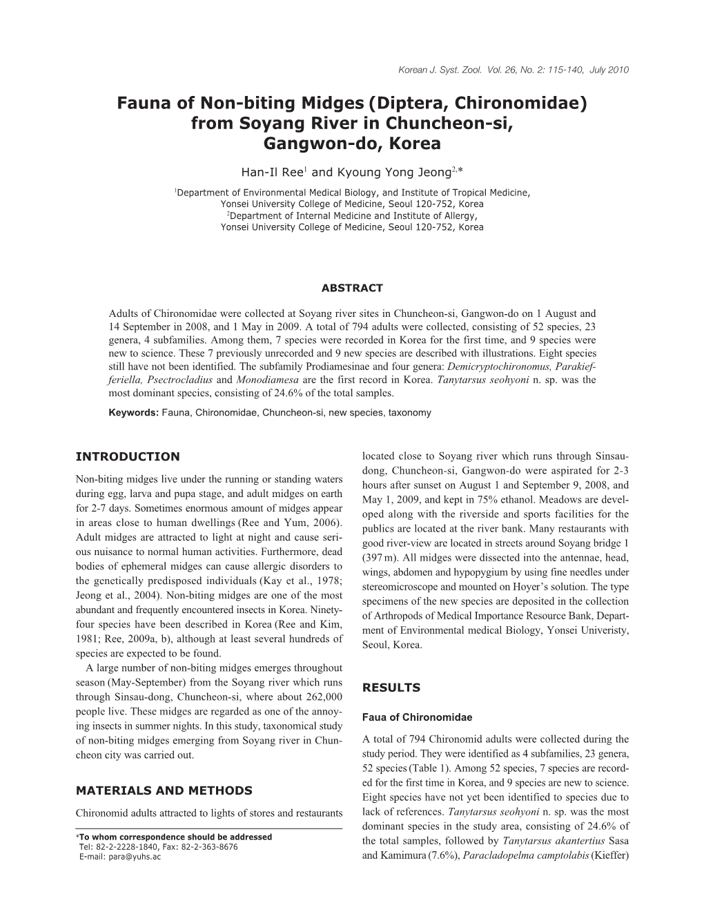 Fauna of Non-Biting Midges (Diptera, Chironomidae) from Soyang River in Chuncheon-Si, Gangwon-Do, Korea