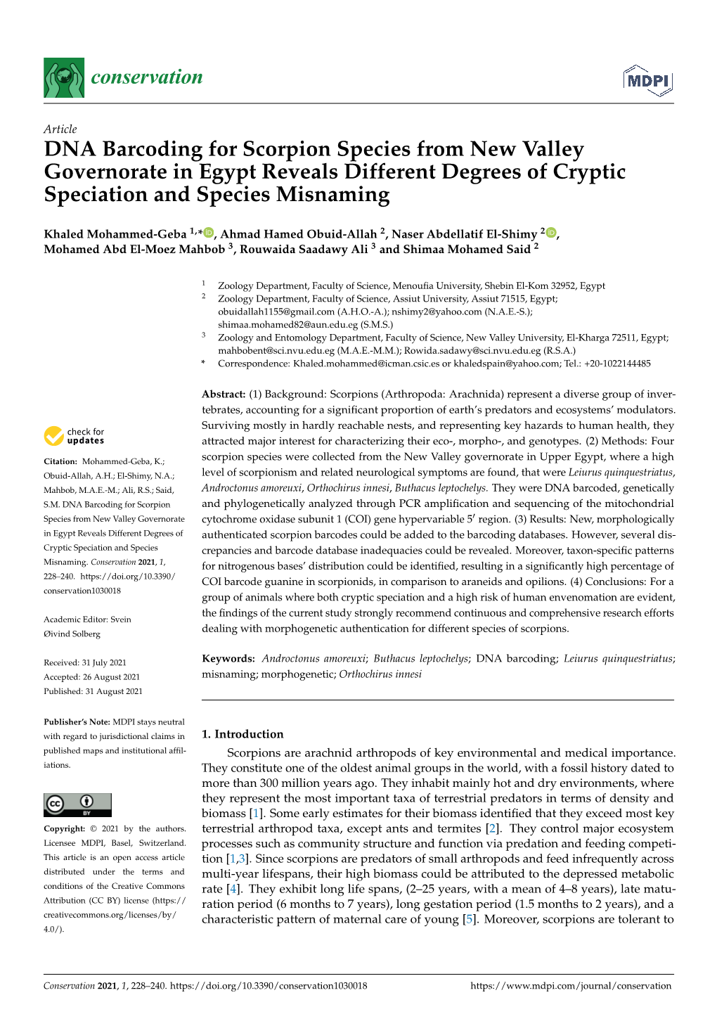 DNA Barcoding for Scorpion Species from New Valley Governorate in Egypt Reveals Different Degrees of Cryptic Speciation and Species Misnaming