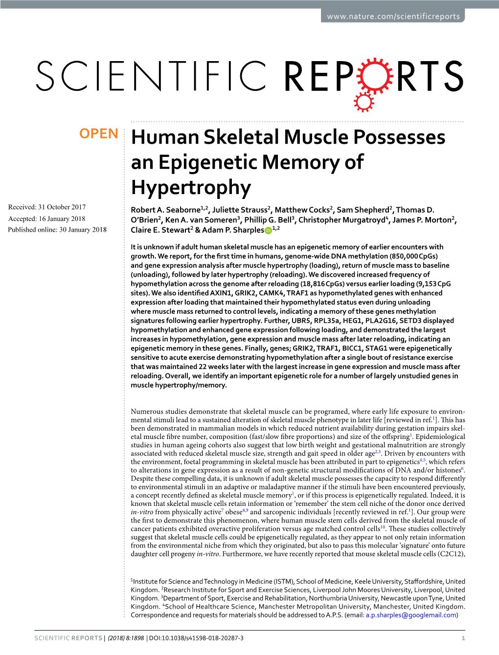 Human Skeletal Muscle Possesses an Epigenetic Memory of Hypertrophy Received: 31 October 2017 Robert A