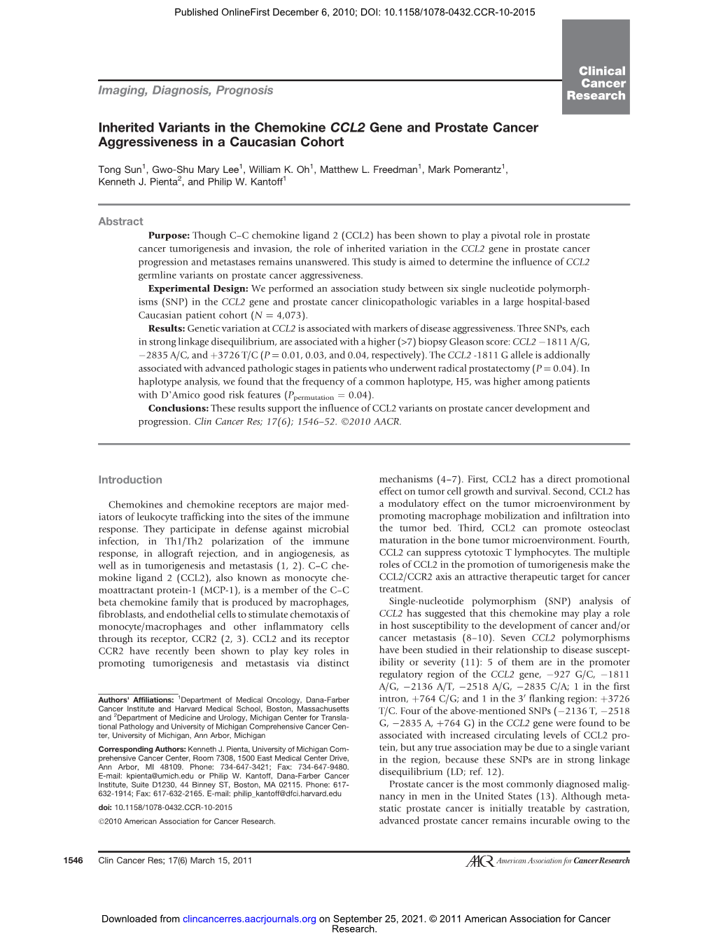 Inherited Variants in the Chemokine CCL2 Gene and Prostate Cancer Aggressiveness in a Caucasian Cohort