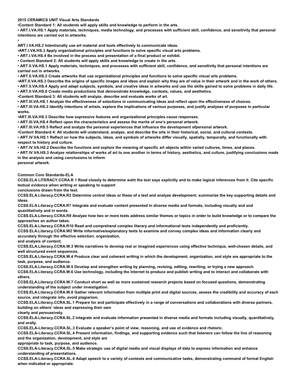 2015 CERAMICS UNIT Visual Arts Standards