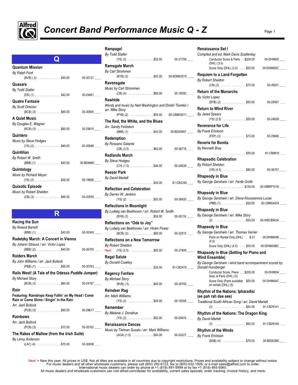 Concert Band Performance Music Q - Z Page 1 PDF Catalogs: Line List ______Rampage! Renaissance Set I by Todd Stalter Compiled and Ed