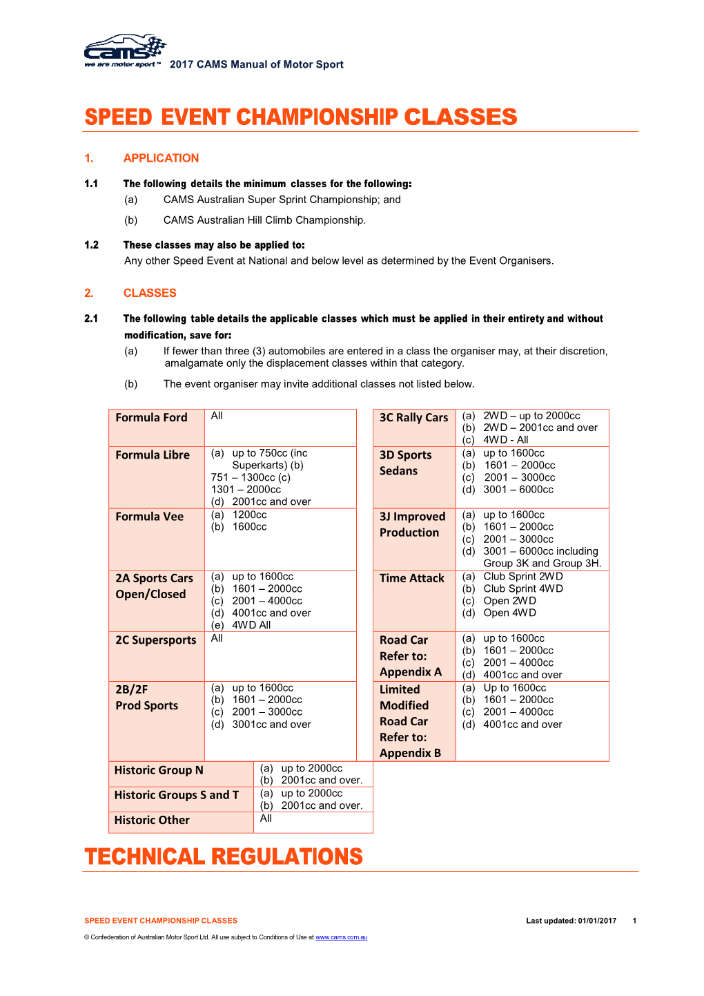 Speed Event Championship Classes Technical