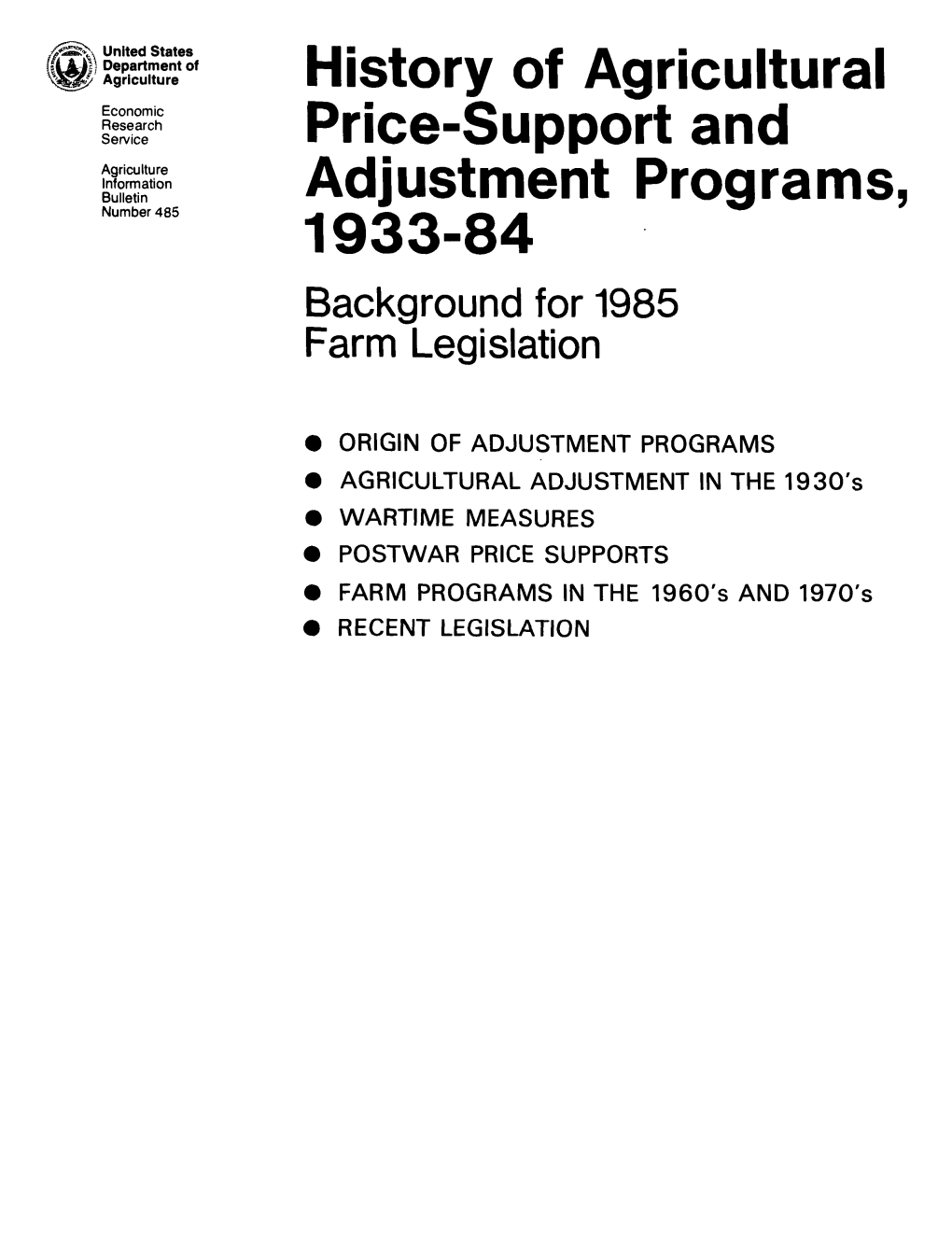 1933-84 Background for 1985 Farm Legislation