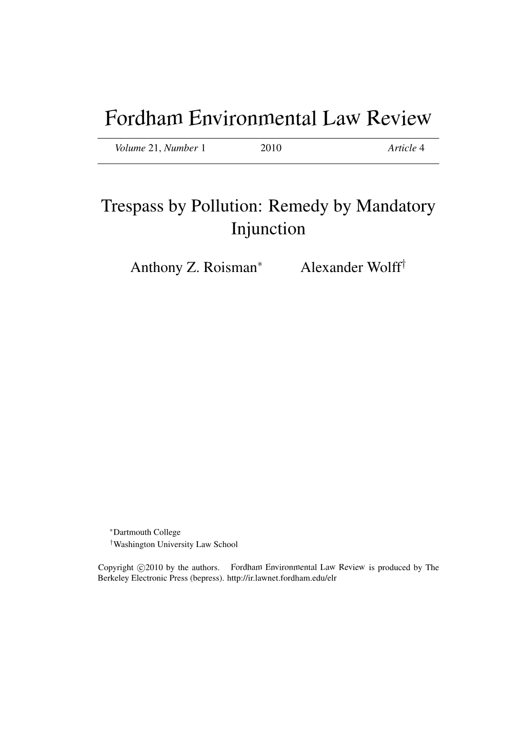 Trespass by Pollution: Remedy by Mandatory Injunction