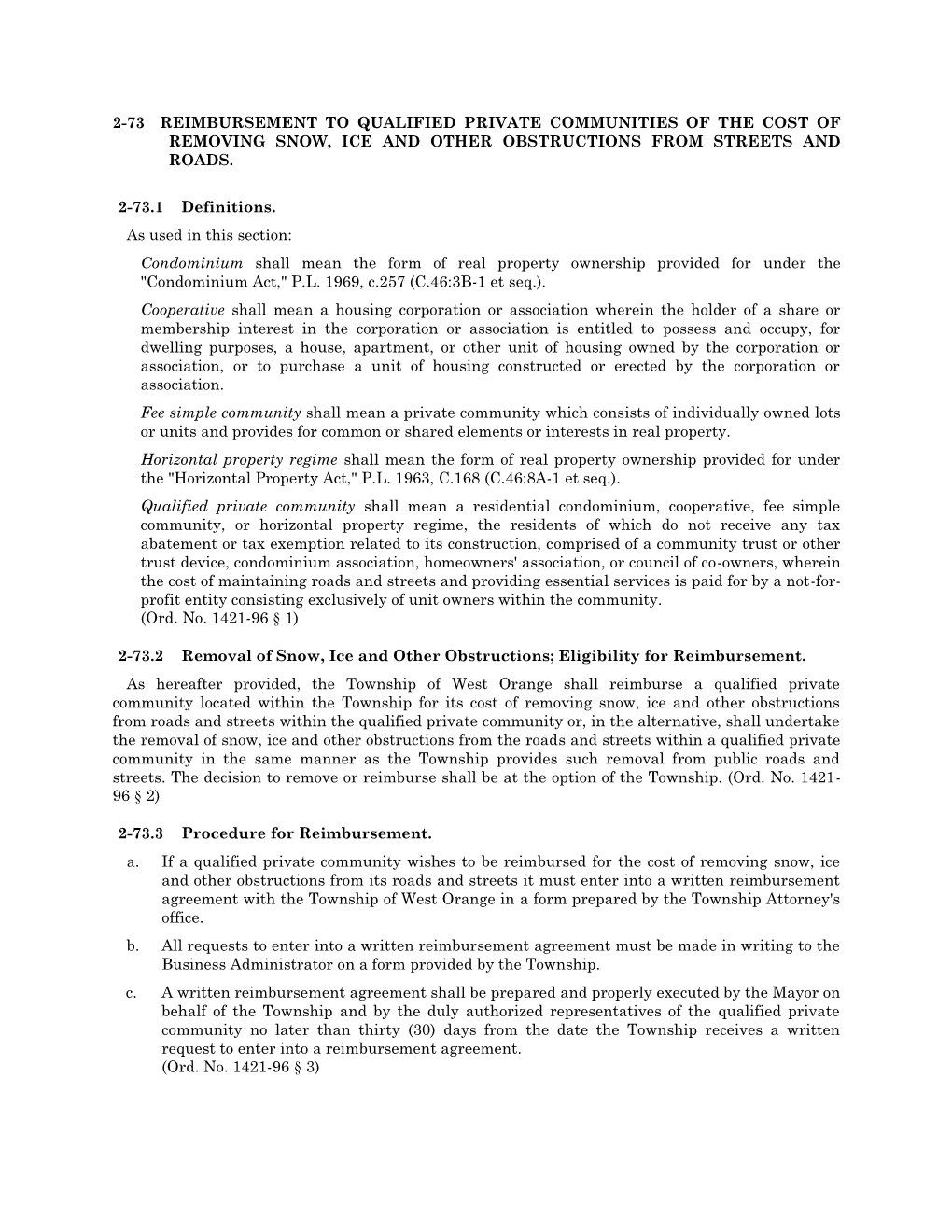 2-73 Reimbursement to Qualified Private Communities of the Cost of Removing Snow, Ice and Other Obstructions from Streets and Roads