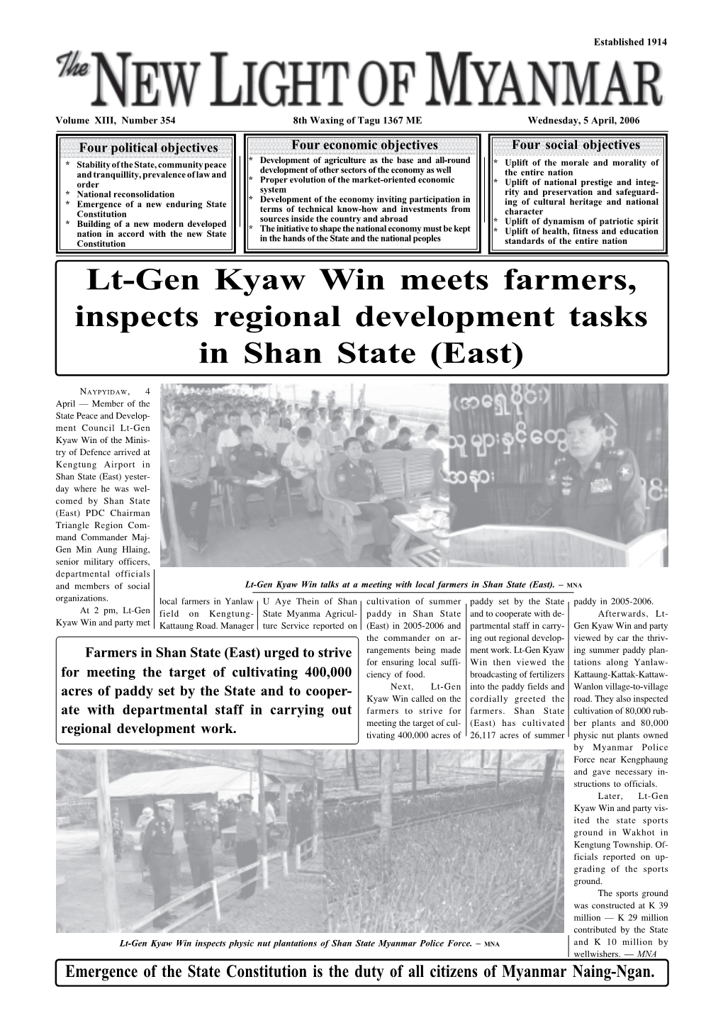Lt-Gen Kyaw Win Meets Farmers, Inspects Regional Development Tasks in Shan State (East)