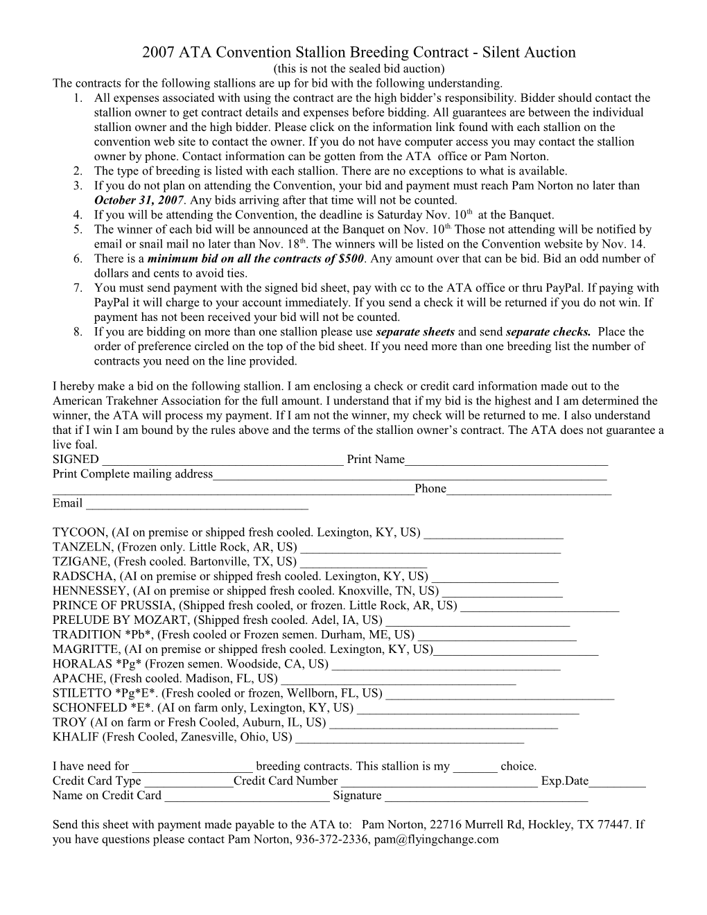 2005 ATA Convention Stallion Breeding Contract - Silent Auction