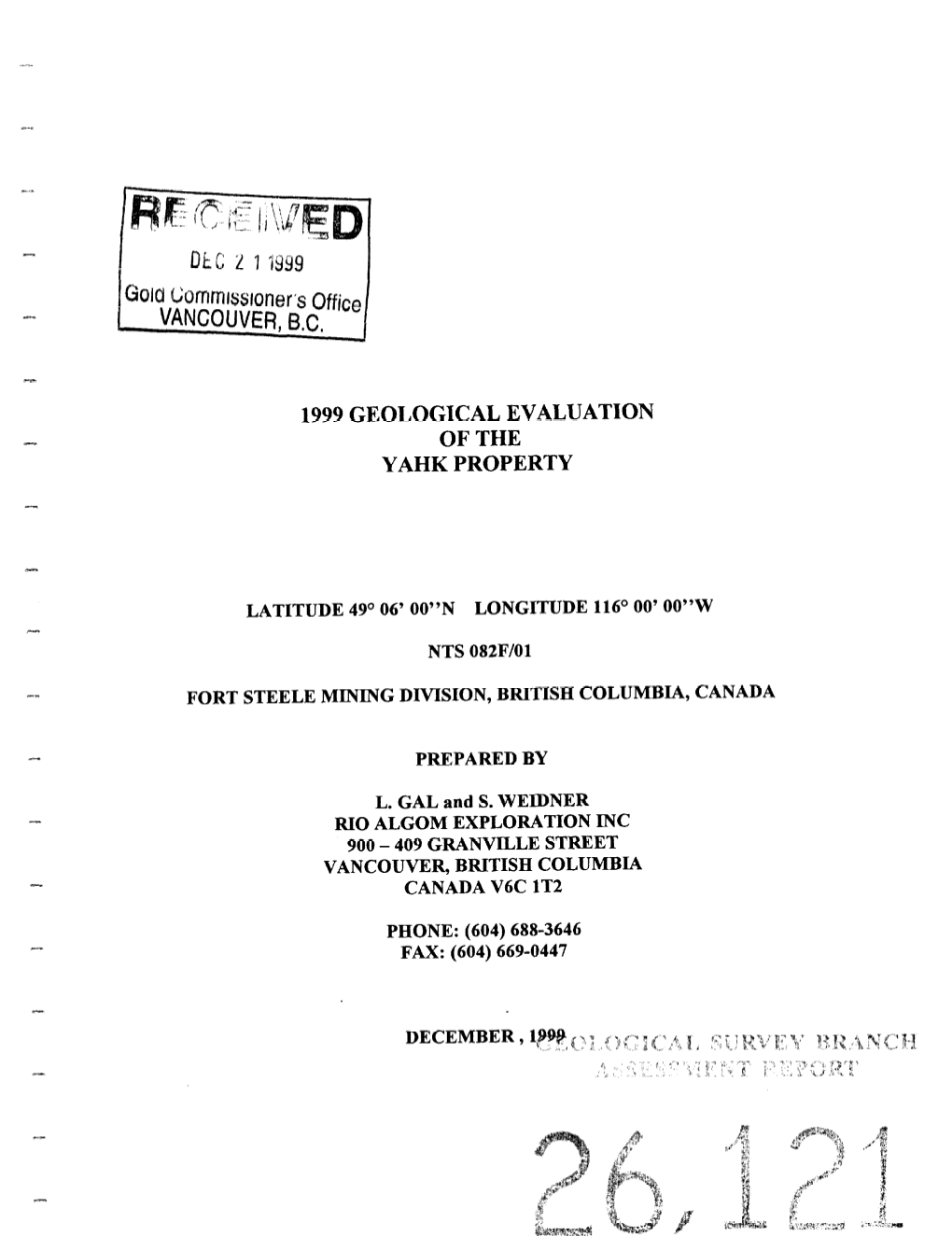 1999 Geological Evaluation - of the Yahk Property