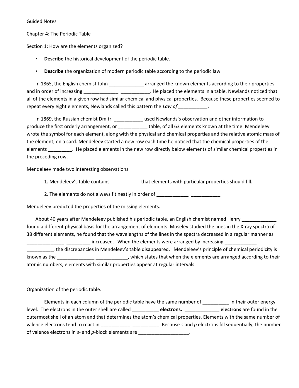 Chapter 4: the Periodic Table