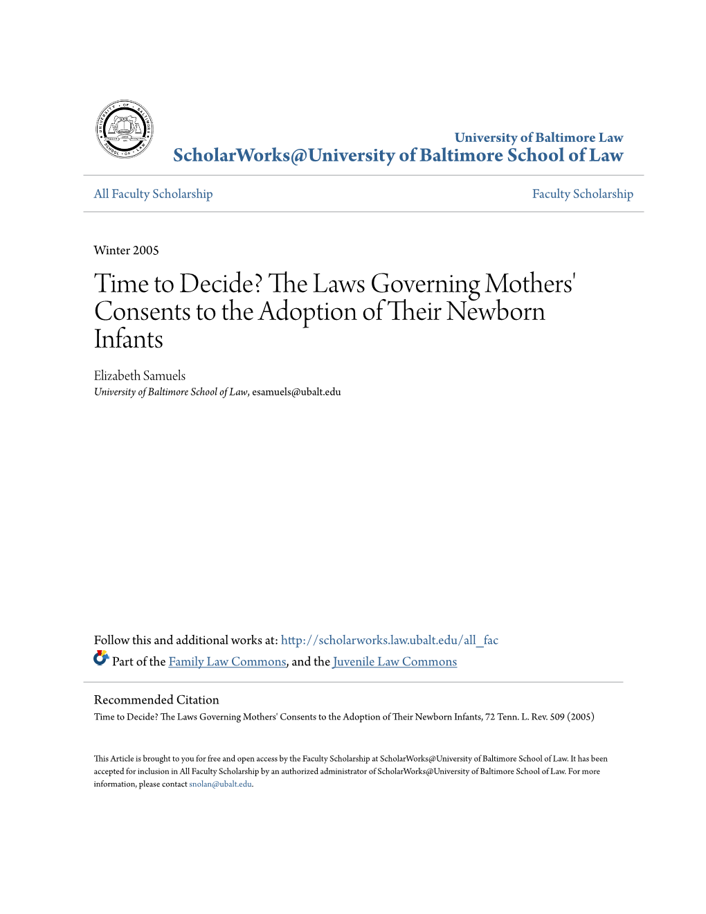 Time to Decide? the Laws Governing Mothers' Consents to the Adoption of Their Newborn Infants