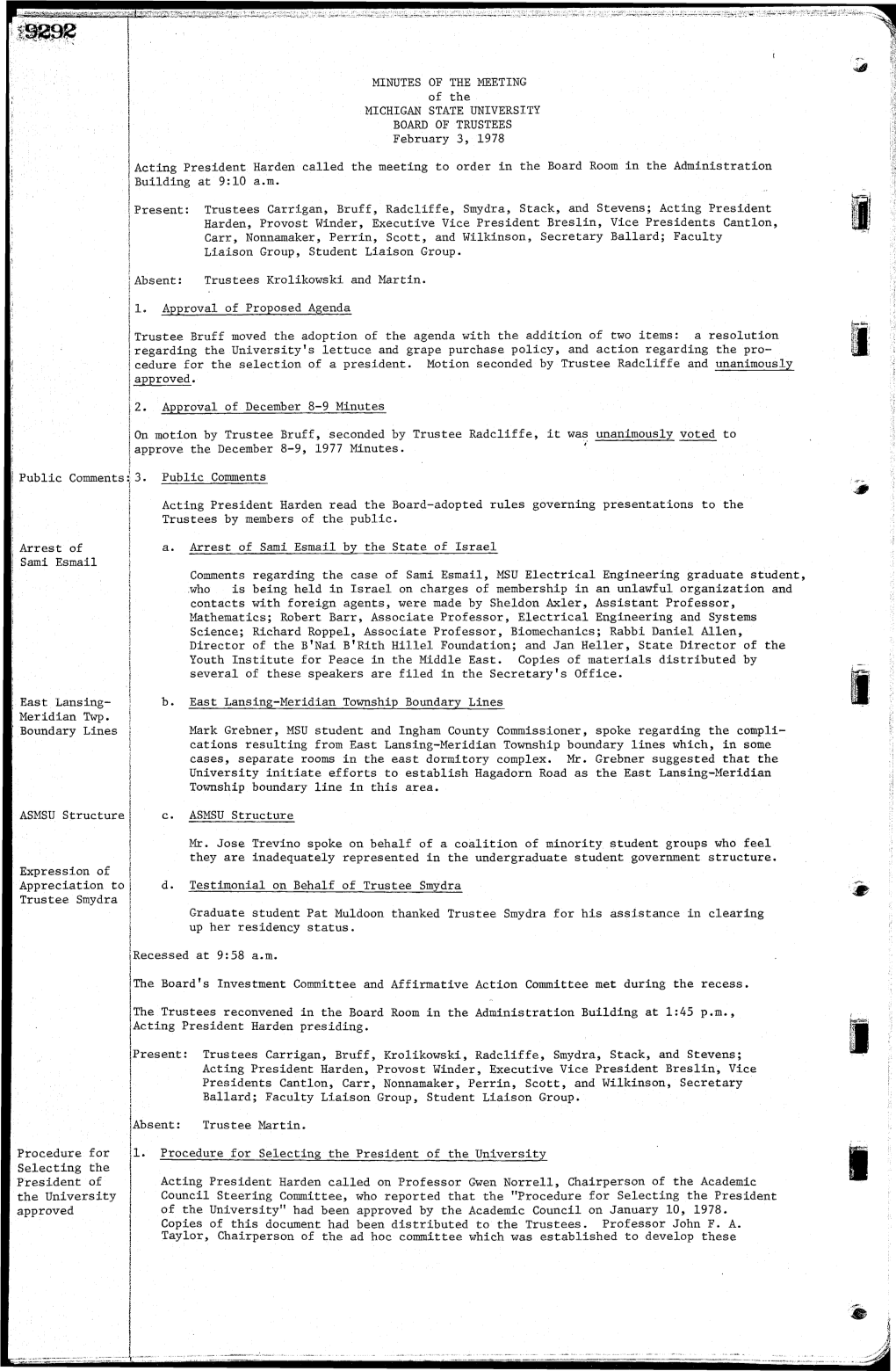 MINUTES of the MEETING of the MICHIGAN STATE UNIVERSITY BOARD of TRUSTEES February 3, 1978
