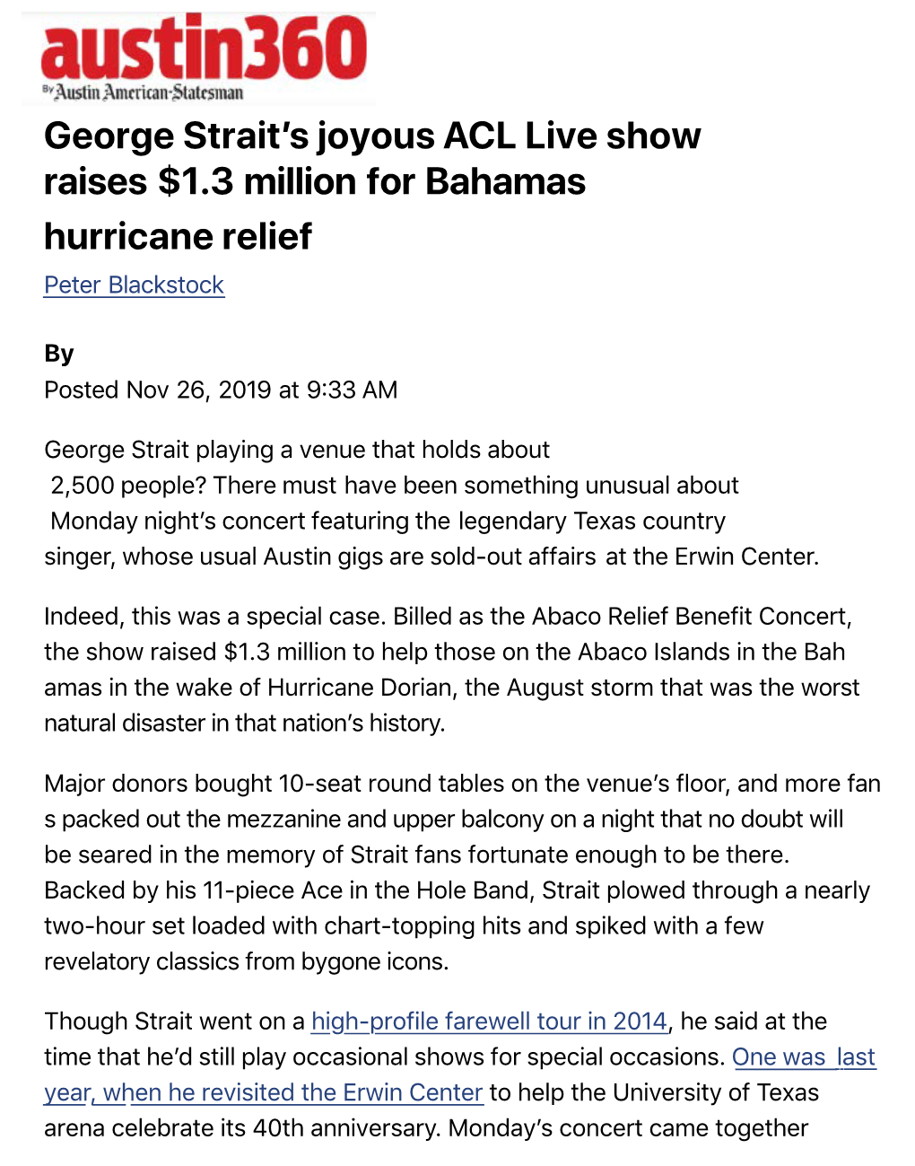 George Straitʼs Joyous ACL Live Show Raises $1.3 Million for Bahamas Hurricane Relief Peter Blackstock