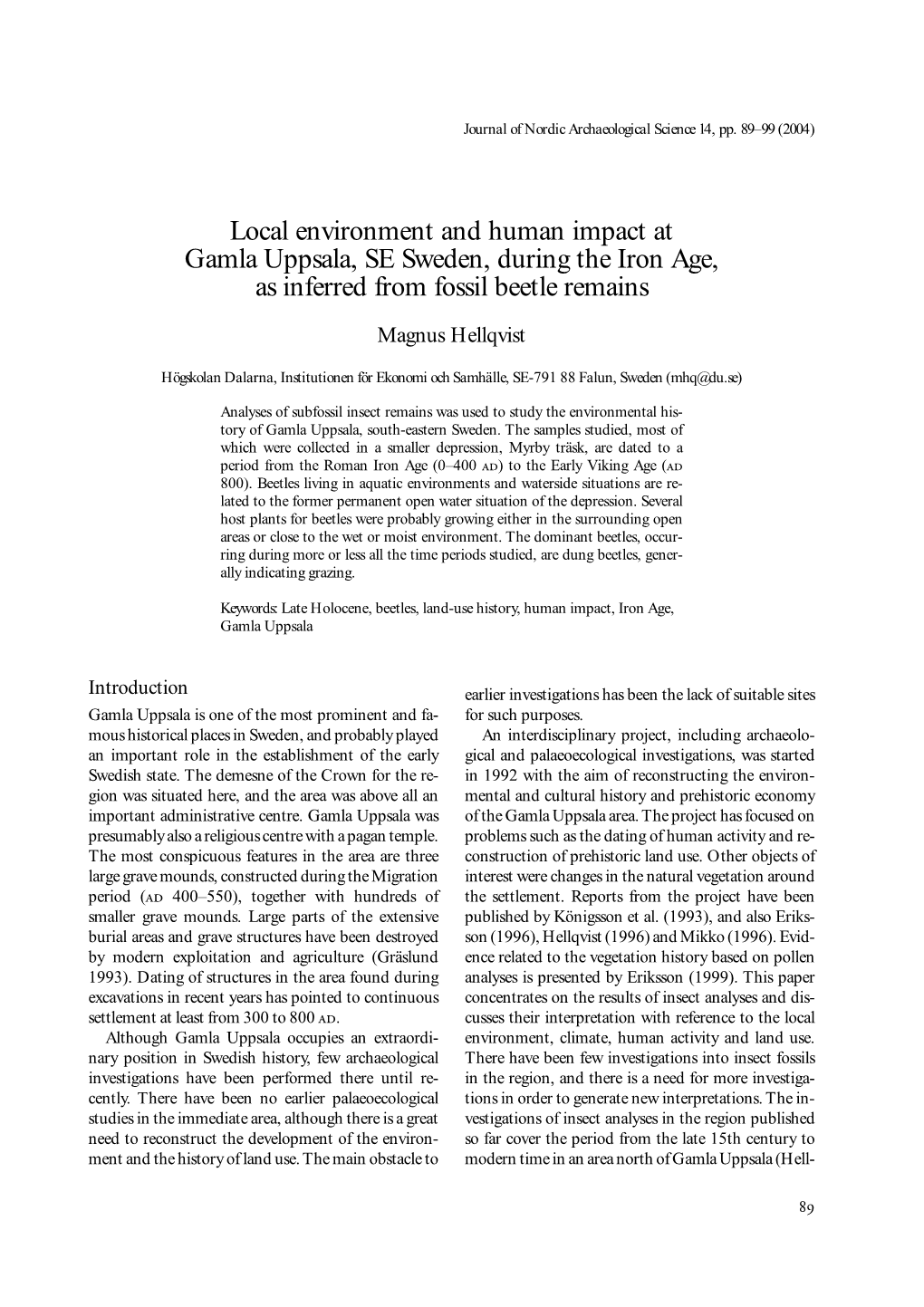 Local Environment and Human Impact at Gamla Uppsala, SE Sweden, During the Iron Age, As Inferred from Fossil Beetle Remains