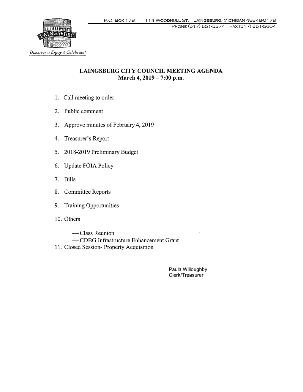 LAINGSBURG CITY COUNCIL MEETING AGENDA 1. Call Meeting