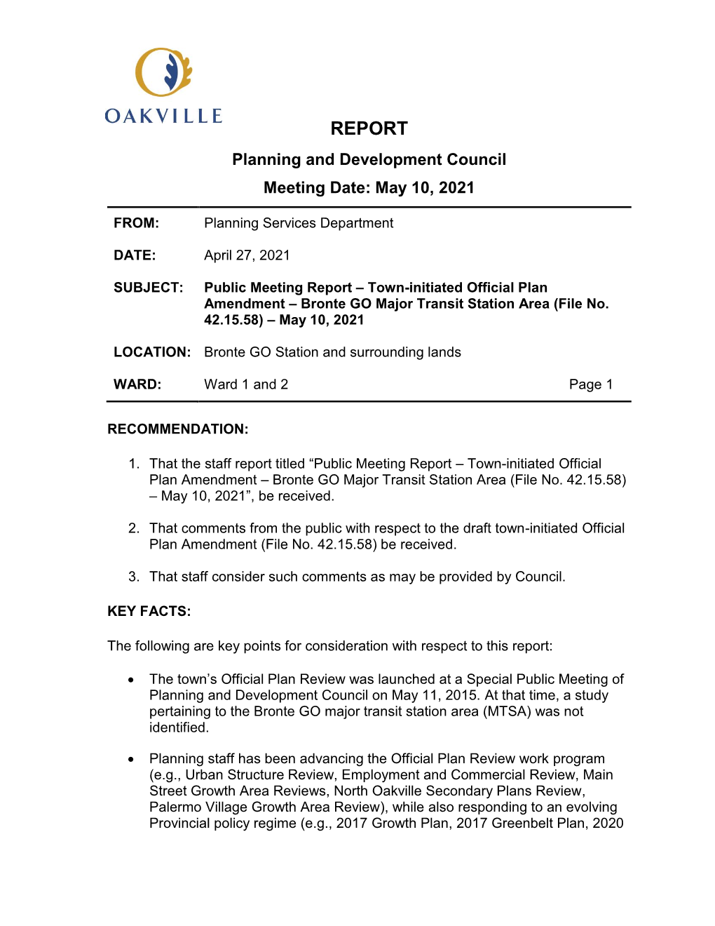 Public Meeting Report – Town-Initiated Official Plan Amendment – Bronte GO Major Transit Station Area (File No. 42.15.58) – May 10, 2021