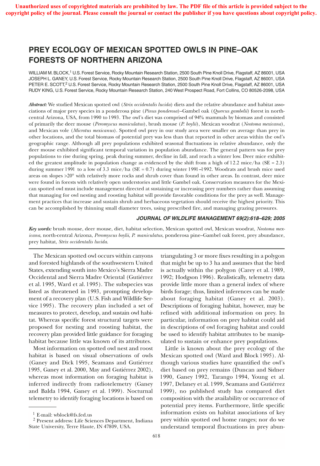 Prey Ecology of Mexican Spotted Owls in Pine–Oak Forests of Northern Arizona