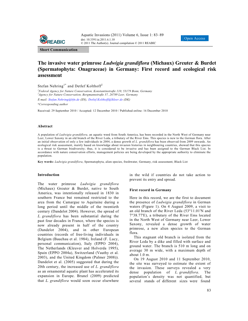 The Invasive Water Primrose Ludwigia Grandiflora (Michaux) Greuter & Burdet (Spermatophyta: Onagraceae) in Germany: First Record and Ecological Risk Assessment