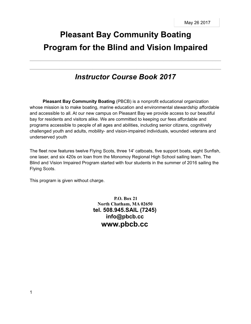 Pleasant Bay Community Boating Program for the Blind and Vision Impaired ______Instructor Course Book 2017