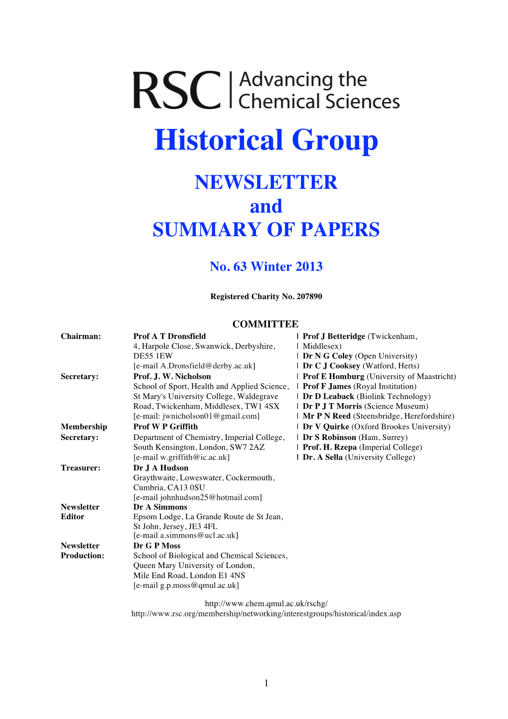 Historical Group NEWSLETTER and SUMMARY of PAPERS