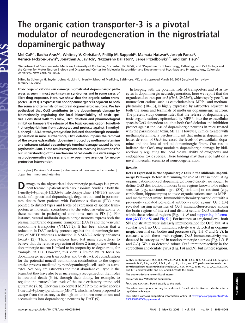 The Organic Cation Transporter-3 Is a Pivotal Modulator of Neurodegeneration in the Nigrostriatal Dopaminergic Pathway