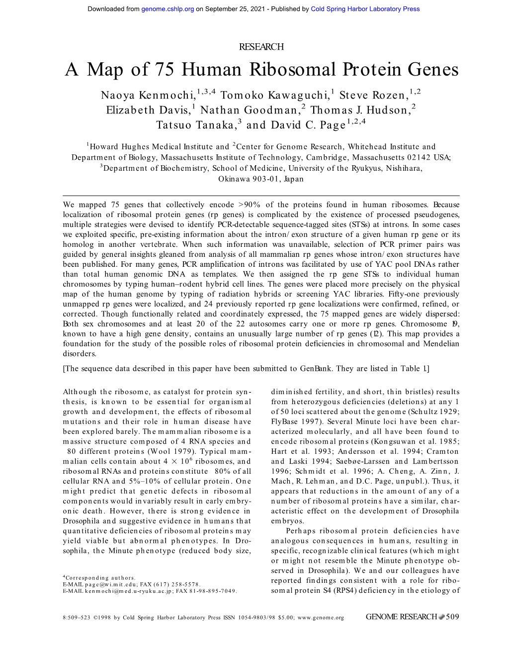 A Map of 75 Human Ribosomal Protein Genes Naoya Kenmochi,1,3,4 Tomoko Kawaguchi,1 Steve Rozen,1,2 Elizabeth Davis,1 Nathan Goodman,2 Thomas J