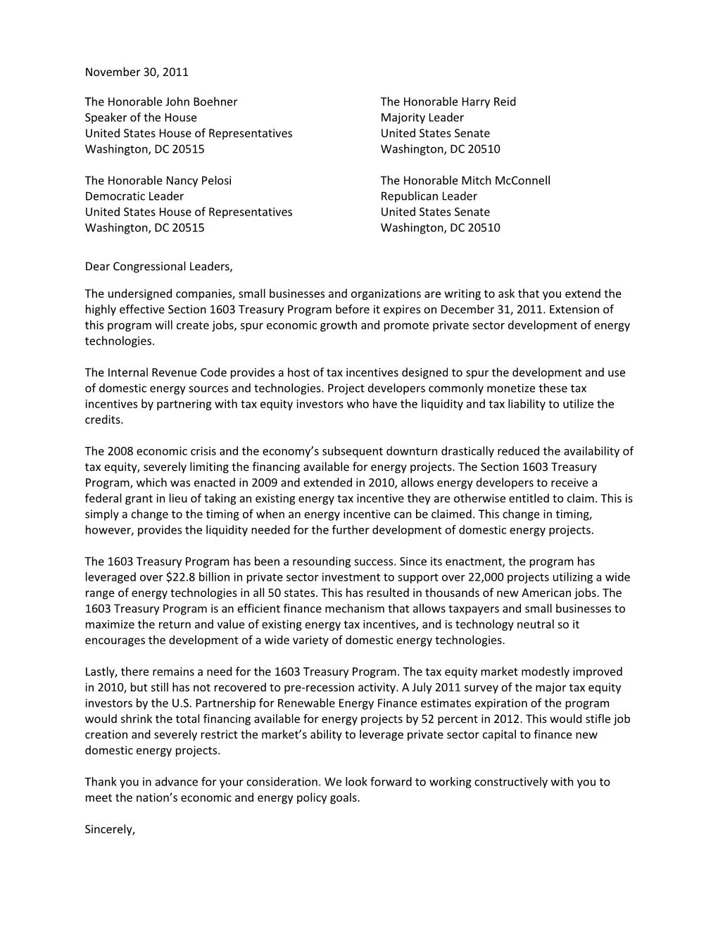 Coalition Letter to Congressional Leaders to Extend Section 1603