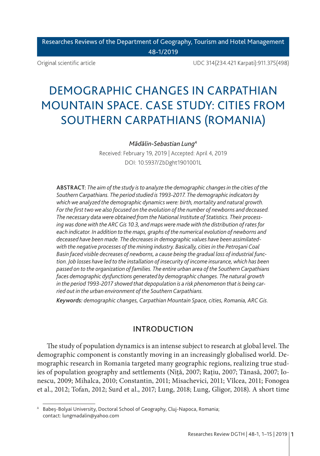 Demographic Changes in Carpathian Mountain Space. Case Study: Cities from Southern Carpathians (Romania)