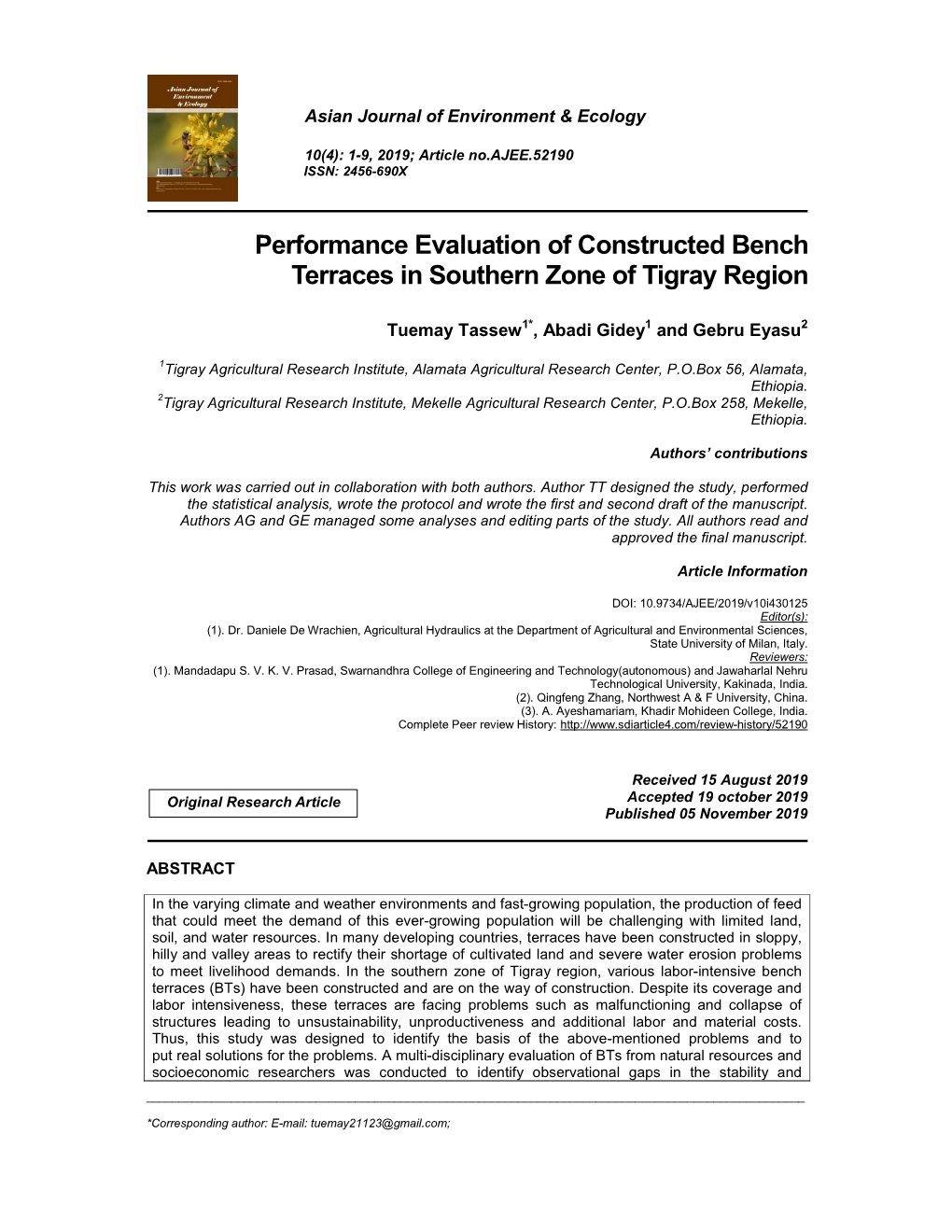 Performance Evaluation of Constructed Bench Terraces in Southern Zone of Tigray Region