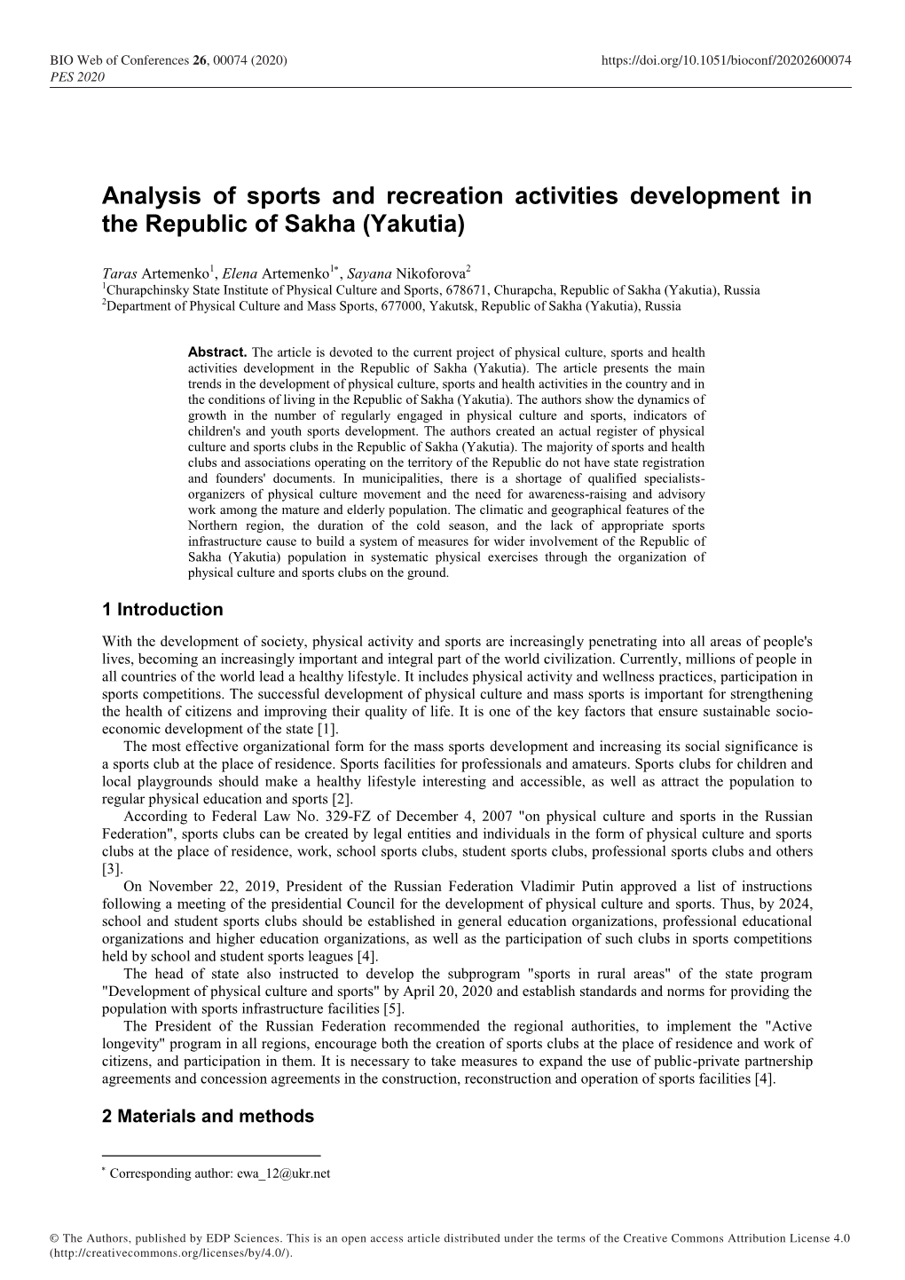 Analysis of Sports and Recreation Activities Development in the Republic of Sakha (Yakutia)