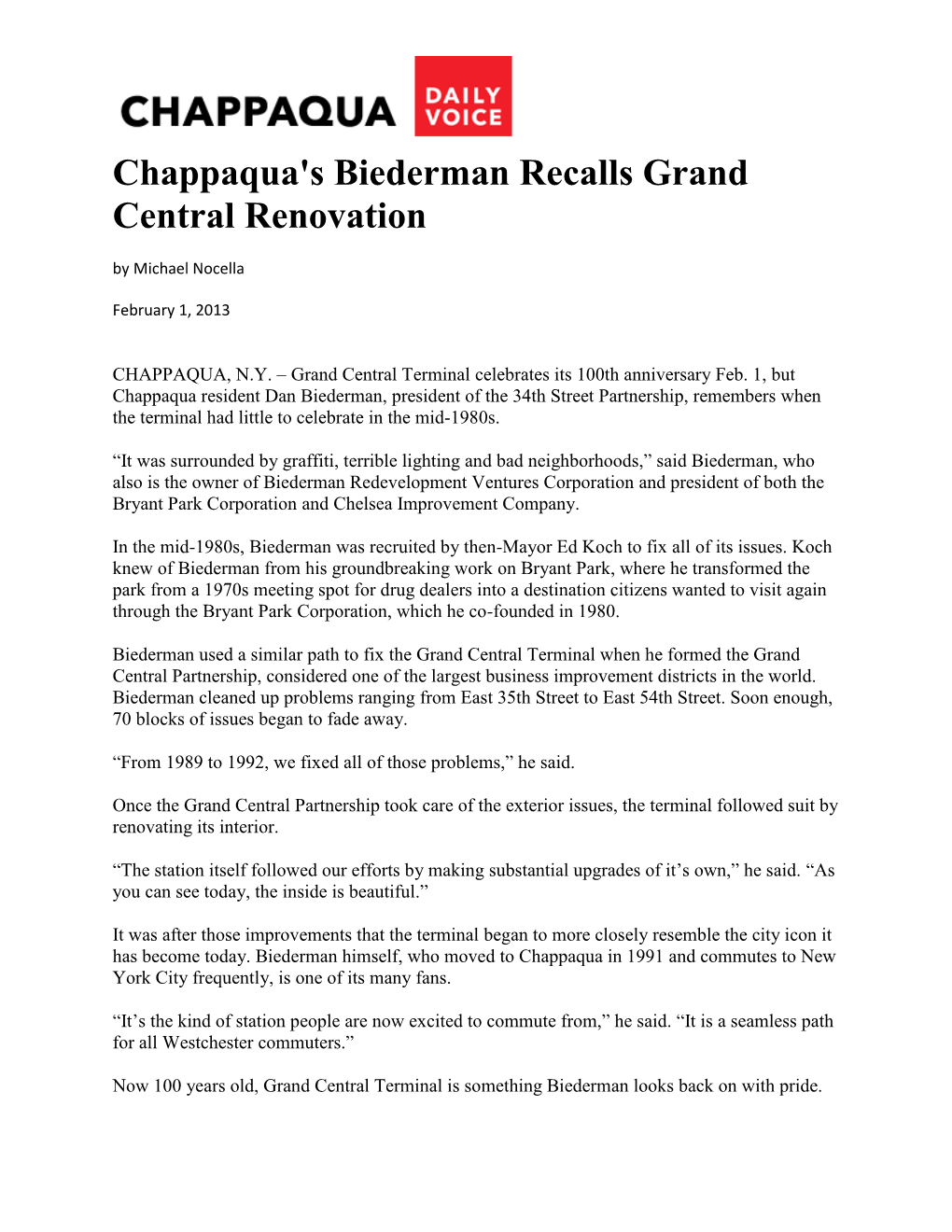 Chappaqua's Biederman Recalls Grand Central Renovation by Michael Nocella