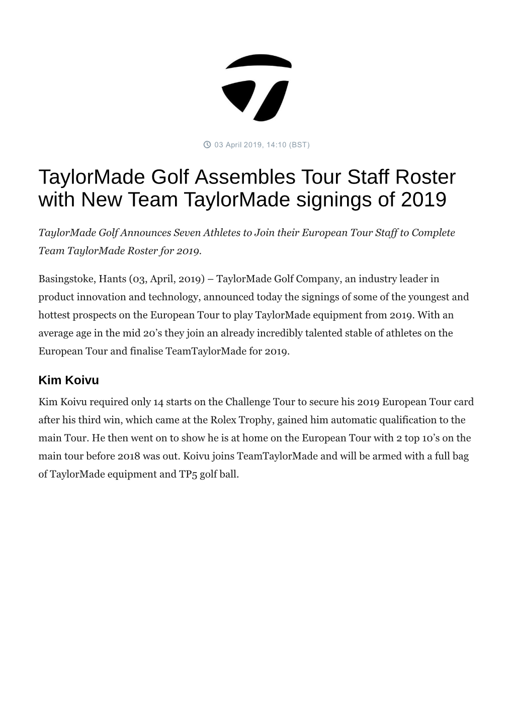 Taylormade Golf Assembles Tour Staff Roster with New Team Taylormade Signings of 2019