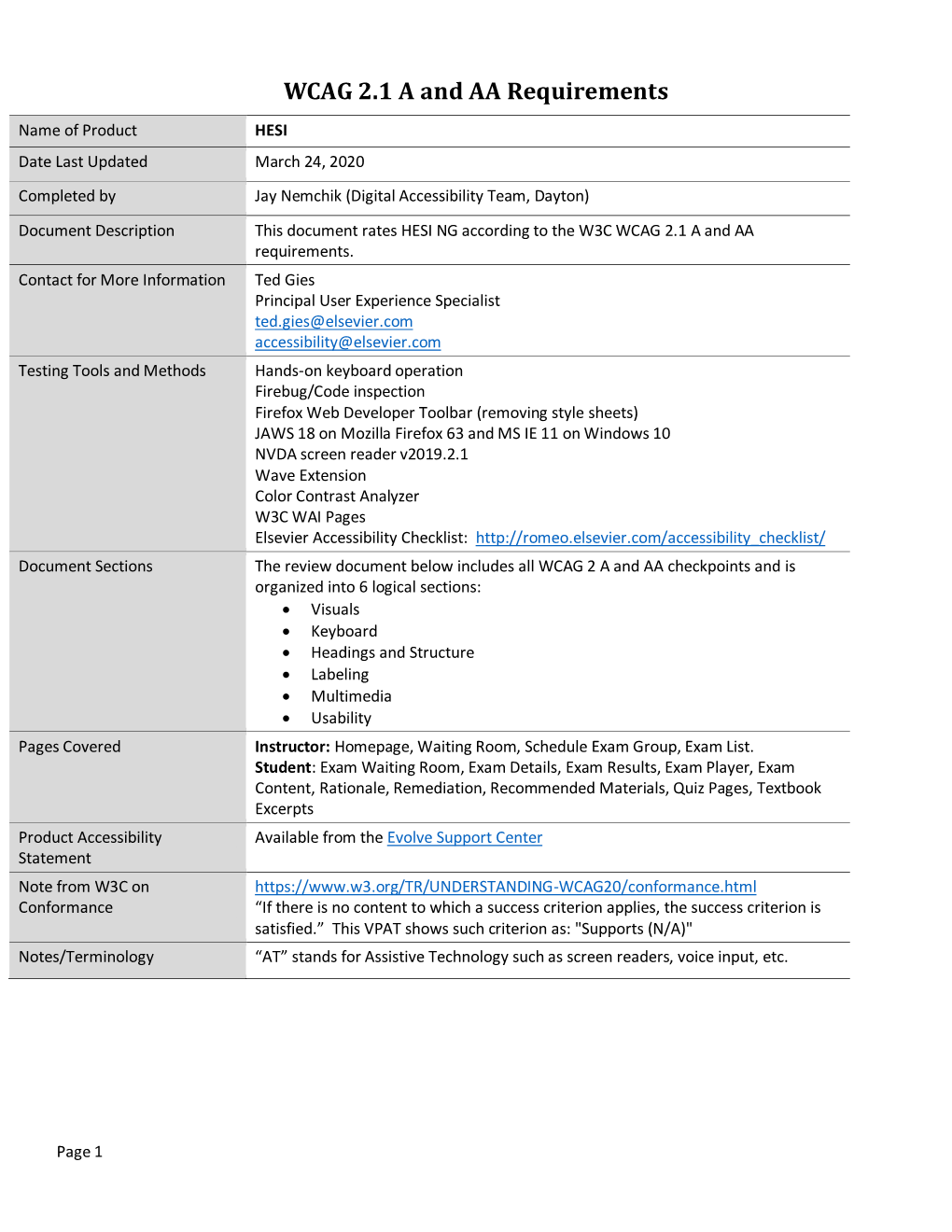 HESI NG According to the W3C WCAG 2.1 a and AA Requirements