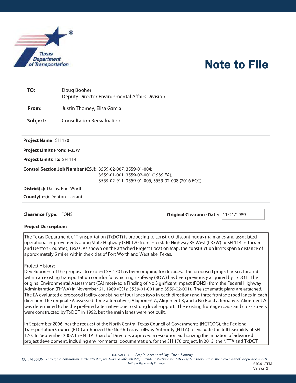 Consultation Reevaluation Memo Amendment SH 170 from I-35W T