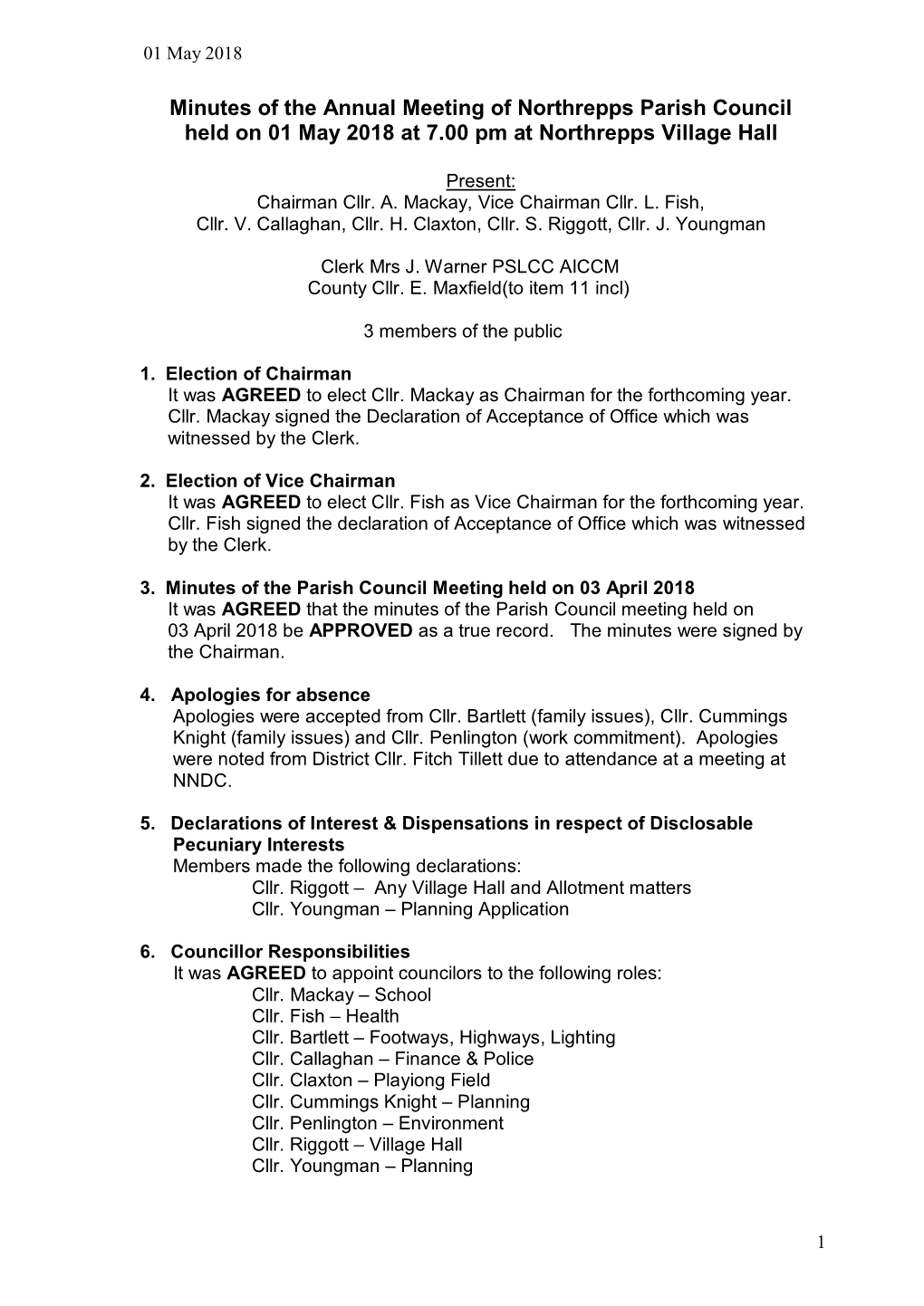 Minutes of the Meeting of Northrepps Parish Council