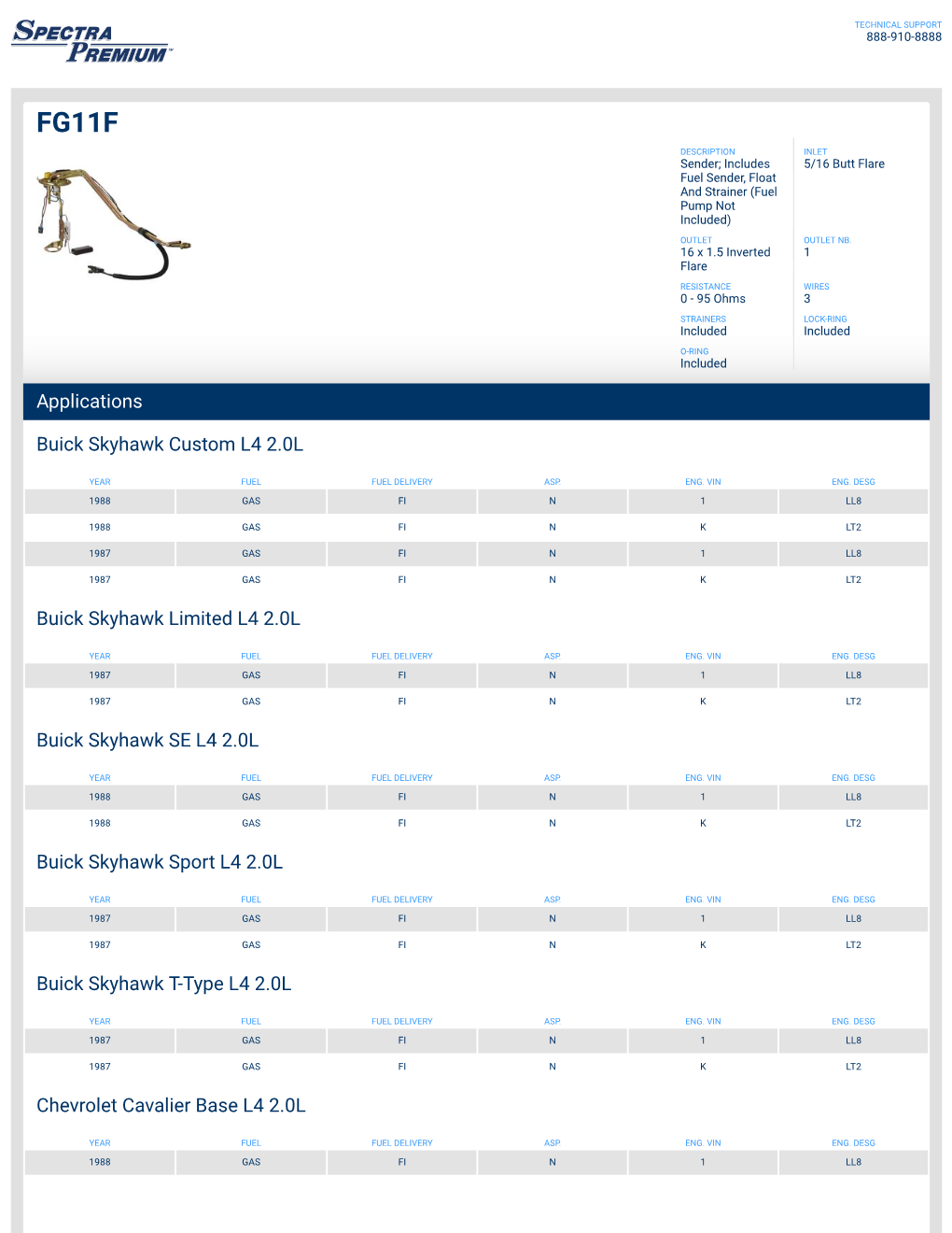 Applications Buick Skyhawk Custom L4 2.0L Buick Skyhawk Limited