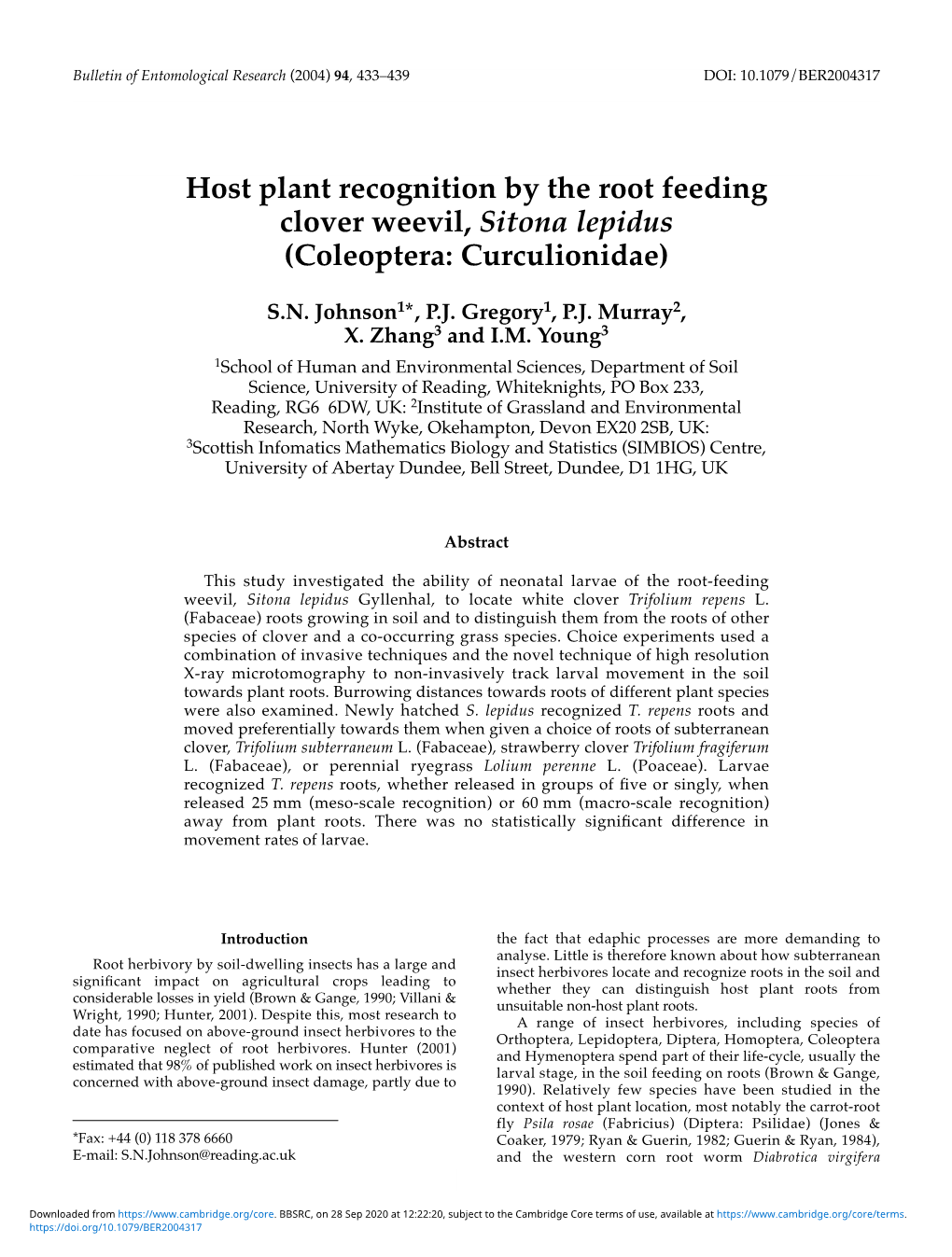 Host Plant Recognition by the Root Feeding Clover Weevil, Sitona Lepidus (Coleoptera: Curculionidae)