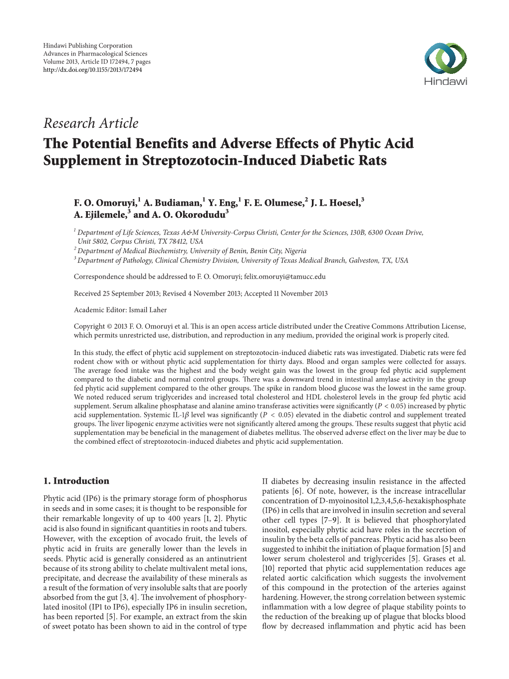 Research Article the Potential Benefits and Adverse Effects of Phytic Acid Supplement in Streptozotocin-Induced Diabetic Rats