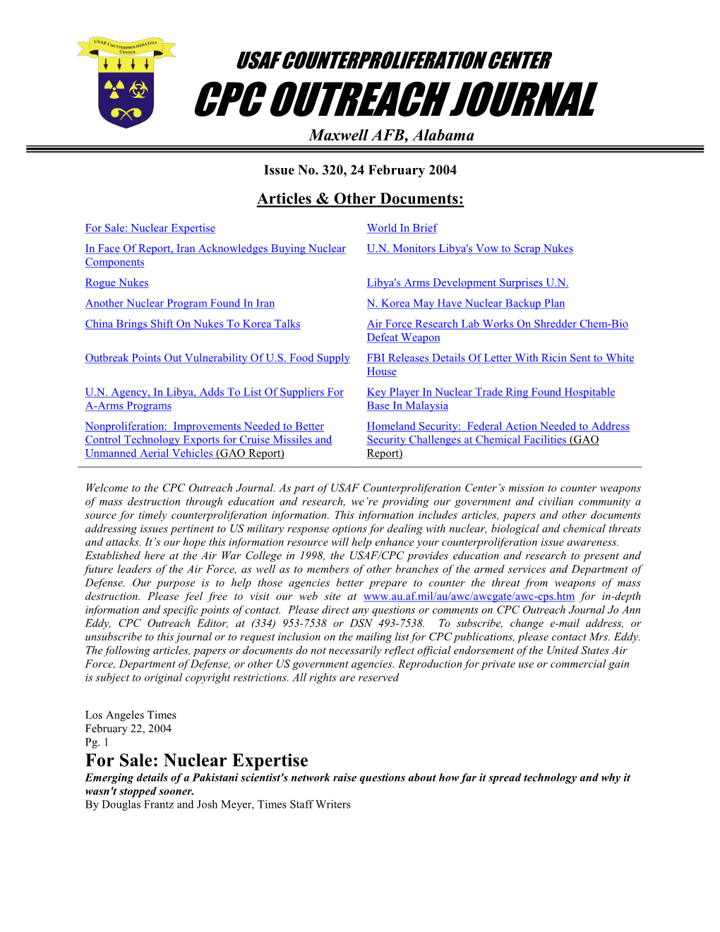 USAF Counterproliferation Center CPC Outreach Journal #320