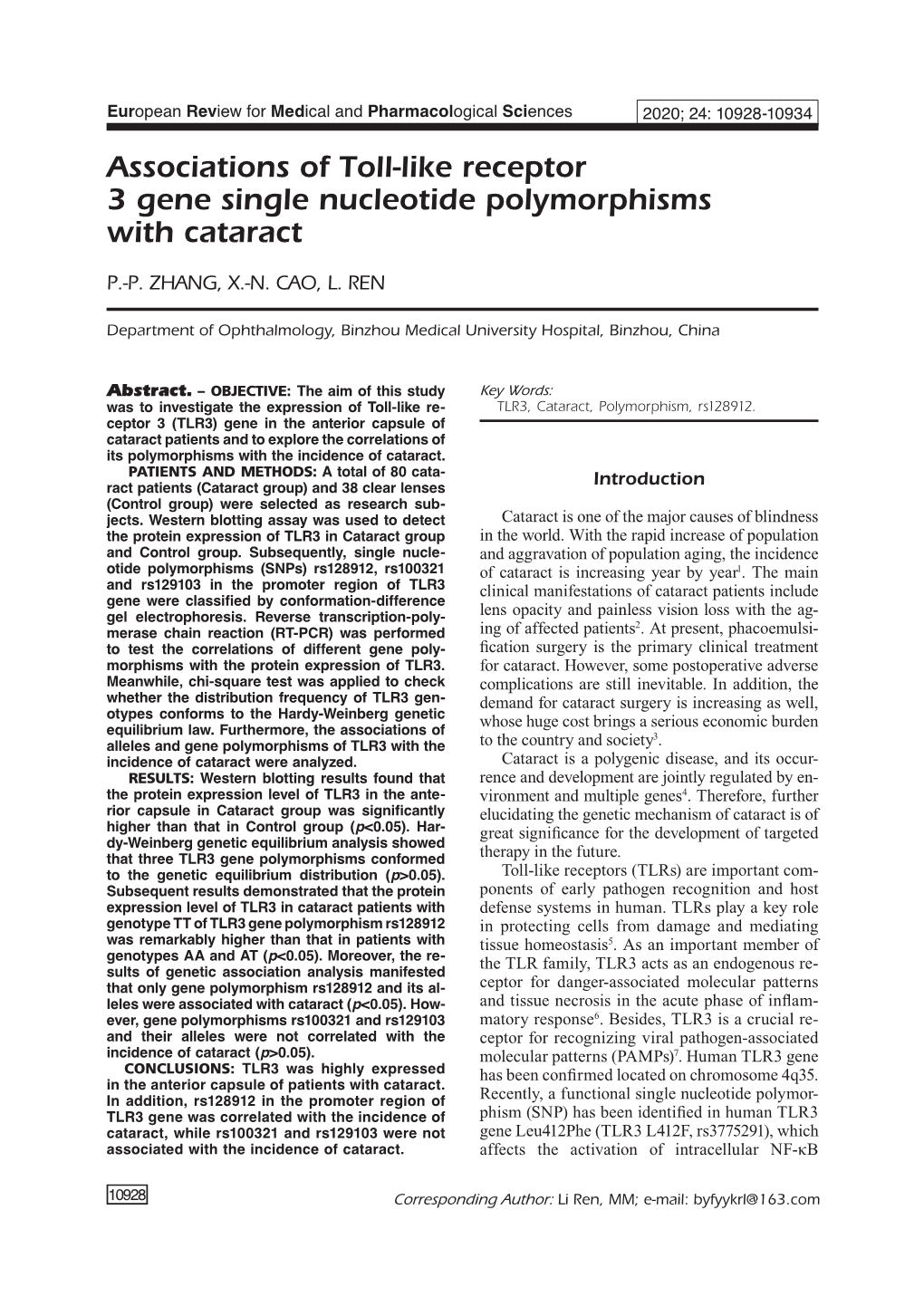 Associations of Toll-Like Receptor 3 Gene Single Nucleotide Polymorphisms with Cataract