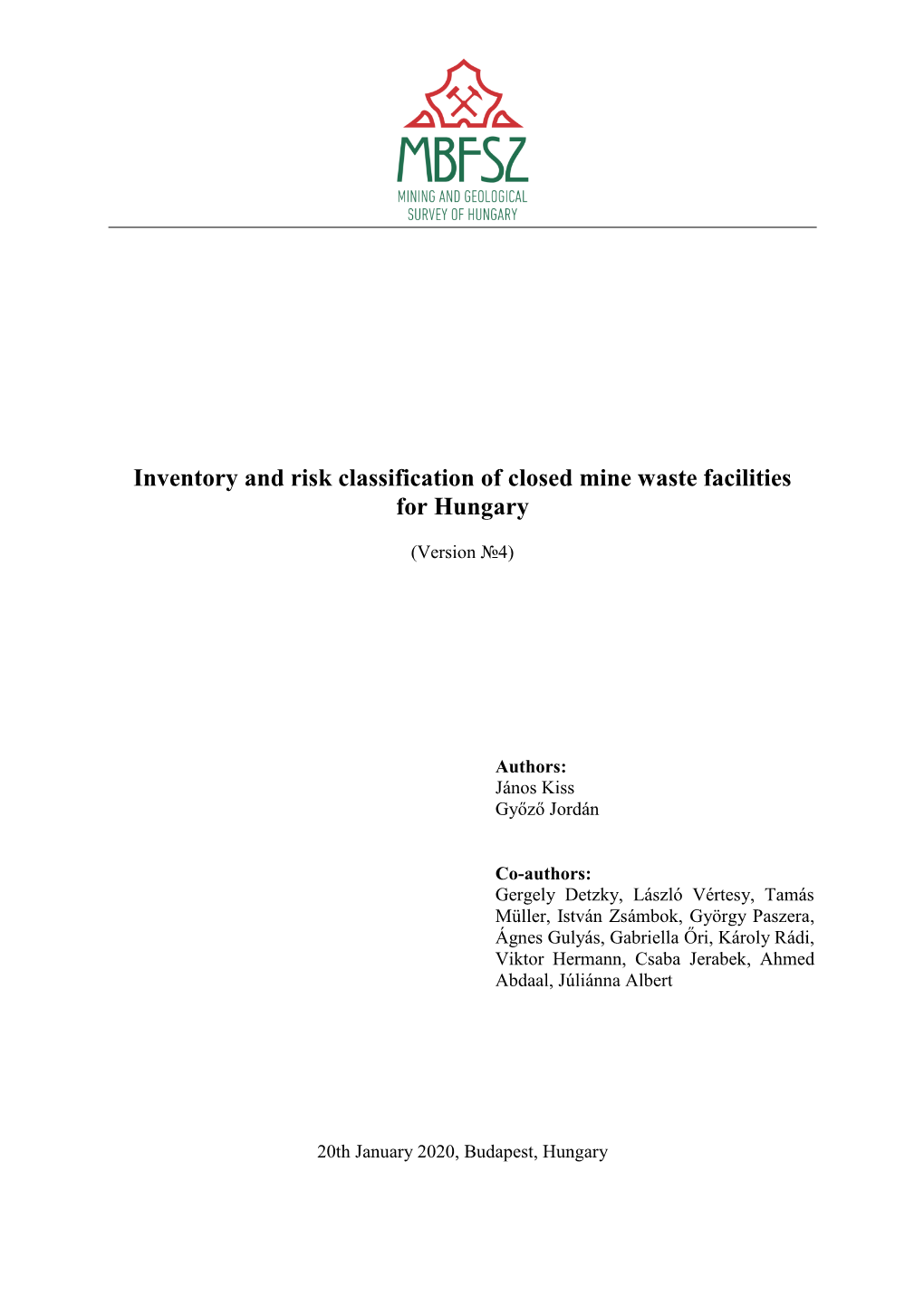 Registration and Risk Classification of Closed Mining Waste Facilities