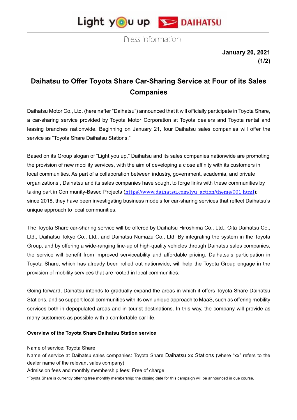 Daihatsu to Offer Toyota Share Car-Sharing Service at Four of Its Sales Companies