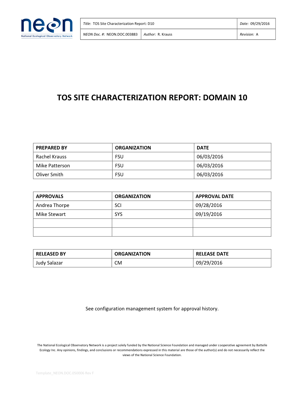 TOS Site Characterization Report: D10 Date: 09/29/2016