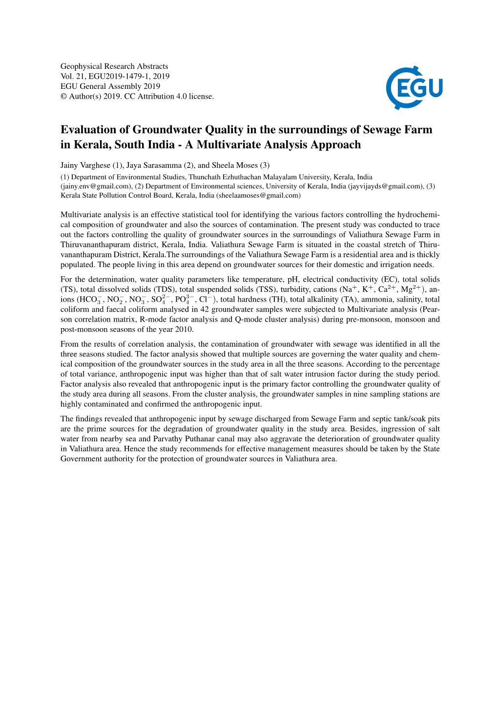 Evaluation of Groundwater Quality in the Surroundings of Sewage Farm in Kerala, South India - a Multivariate Analysis Approach