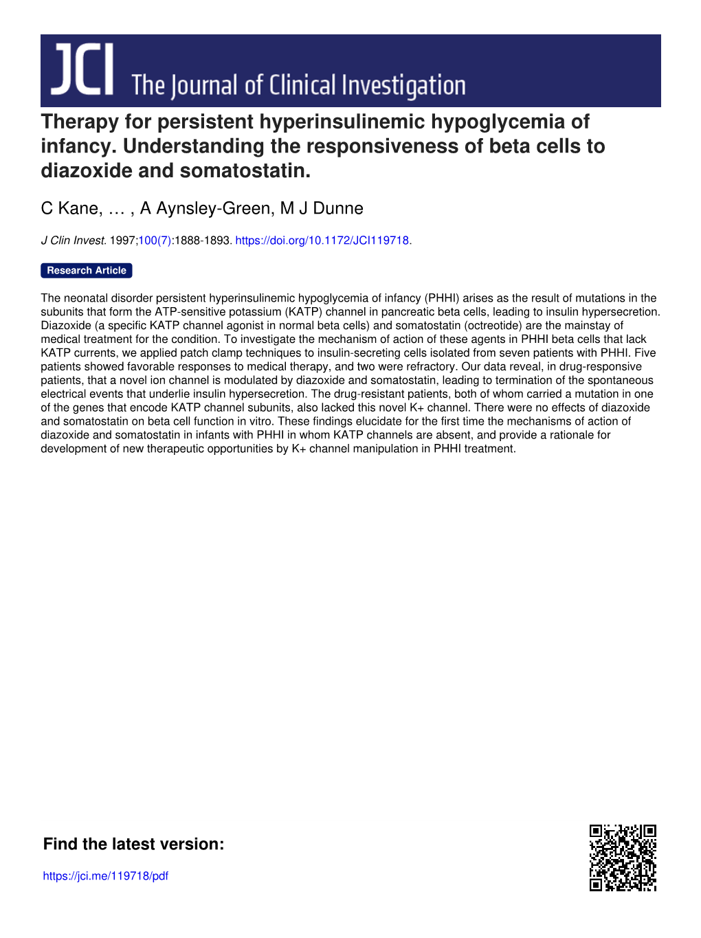 Therapy for Persistent Hyperinsulinemic Hypoglycemia of Infancy. Understanding the Responsiveness of Beta Cells to Diazoxide and Somatostatin