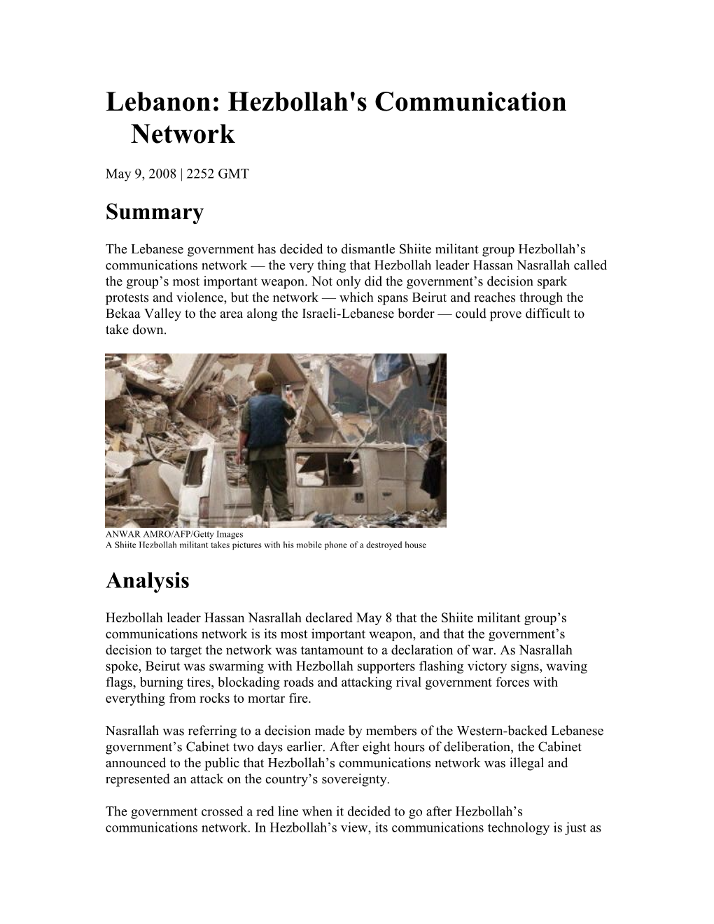 Lebanon: Hezbollah's Communication Network