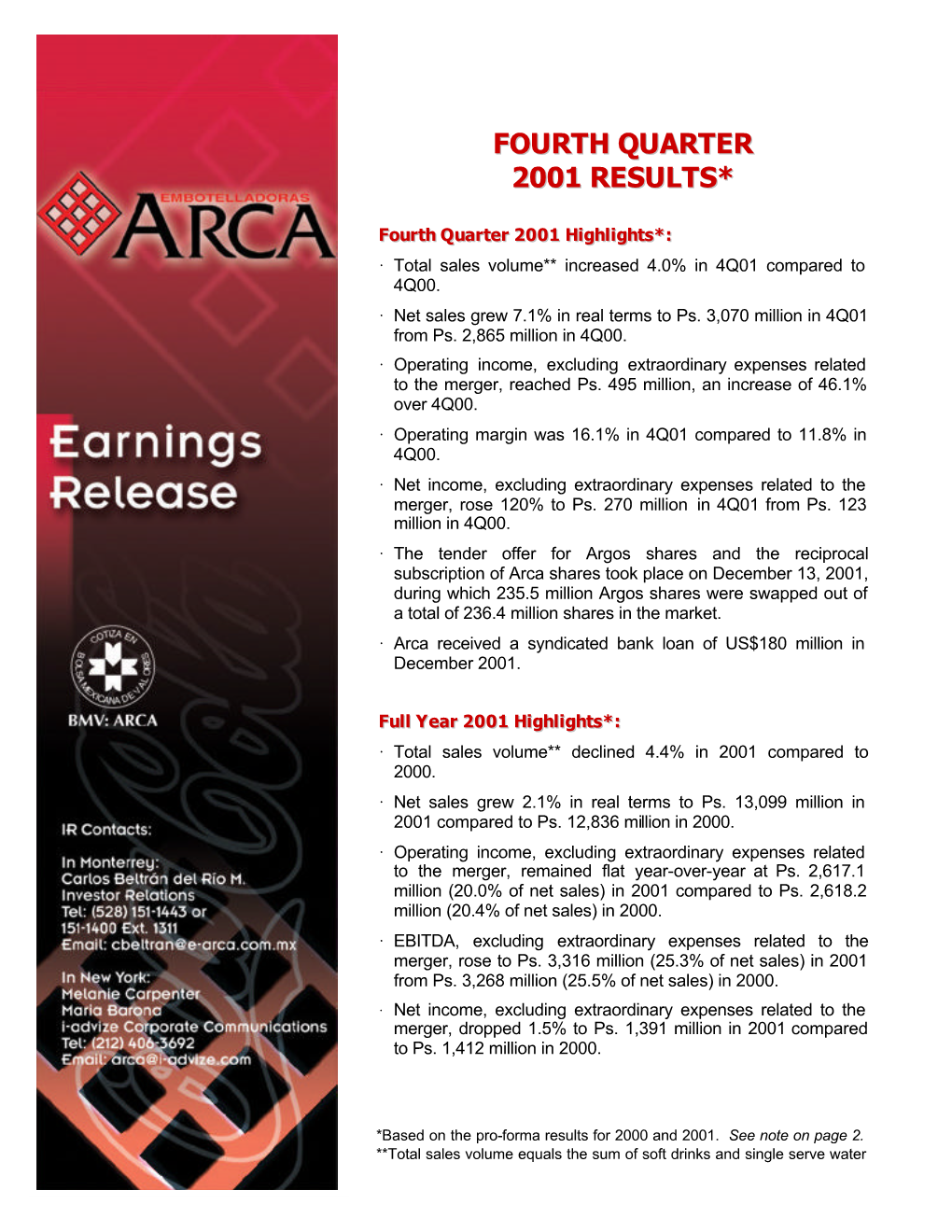 Fourth Quarter 2001 Results*