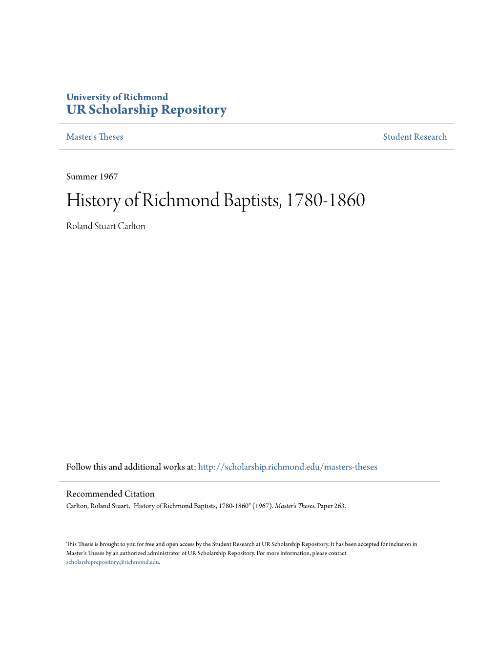 History of Richmond Baptists, 1780-1860 Roland Stuart Carlton