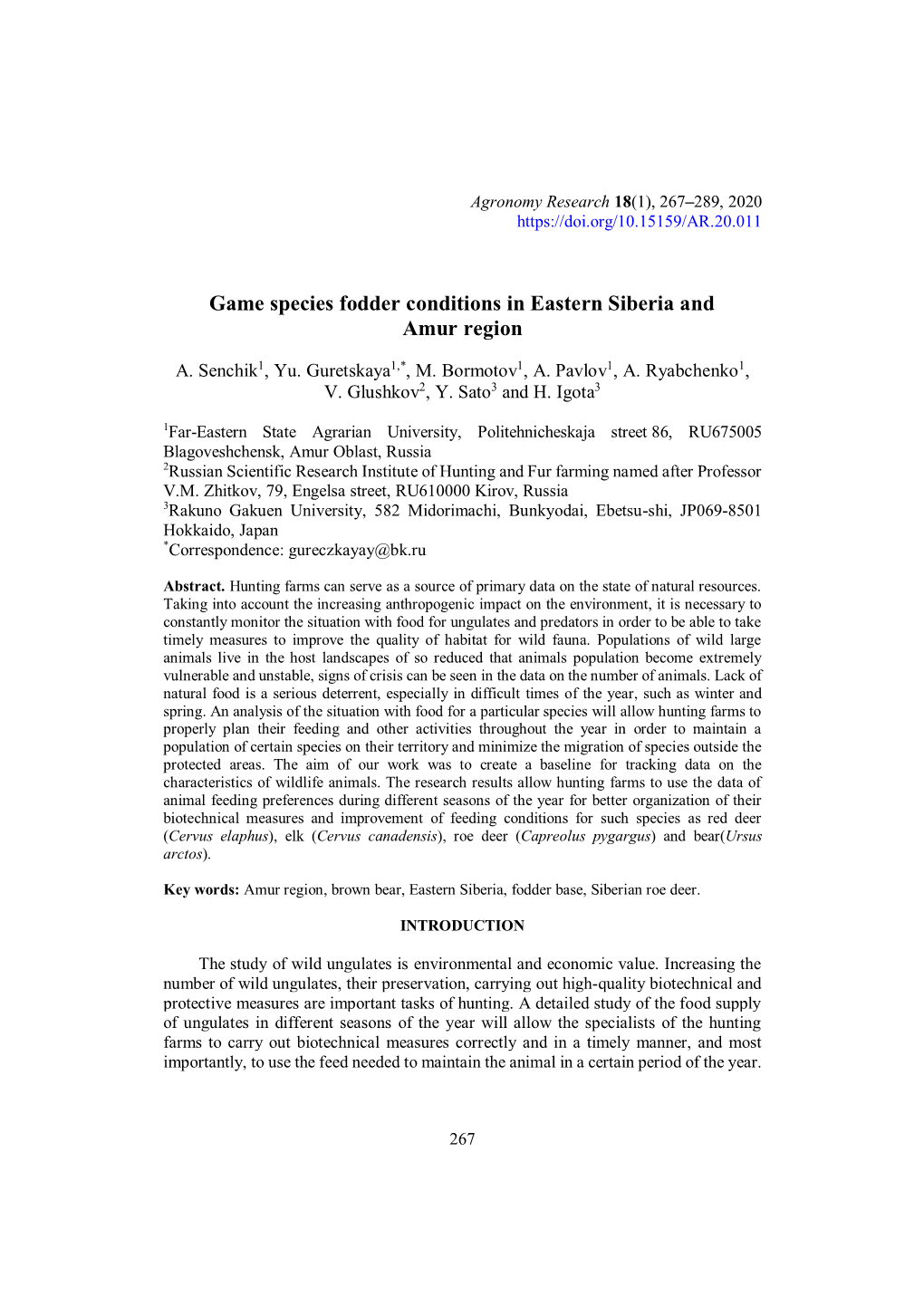 Game Species Fodder Conditions in Eastern Siberia and Amur Region